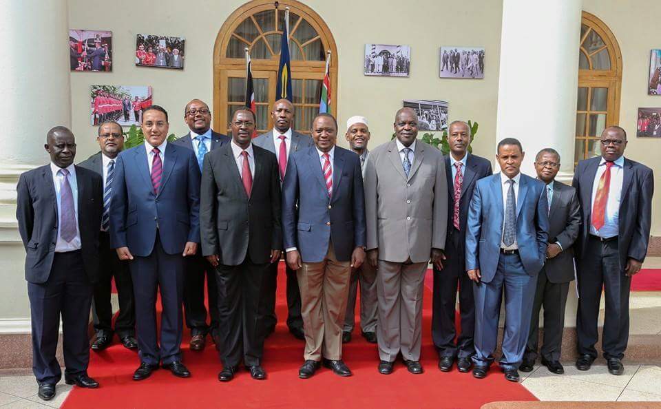Courtesy call on the Kenyan President at the State House. Photo with Kenyan President Uhuru Kenyatta, four Ministers from Kenya, Uganda, Ethiopia and Tanzania, Mr. Ketema, DG of SEAMIC, Mr. Kojo Busia, AMDC Interim Coordinator and Mr. Frank Mugyenyi, AUC Senior Advisor on Trade and Industry.